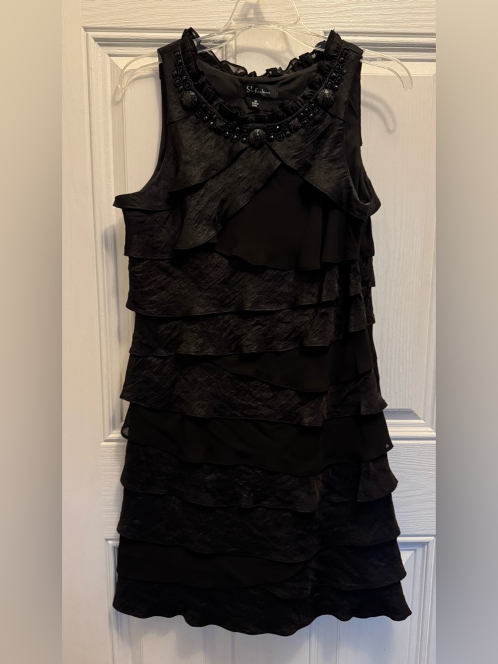 SL Fashions Black Tiered Ruffle Dress with Beaded Neckline